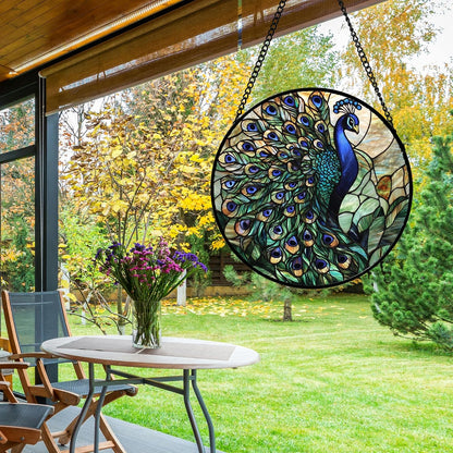 Stained Glass Window Hanging, Blue Green Peacock Decor Suncatcher for Door Garden Home Decoration