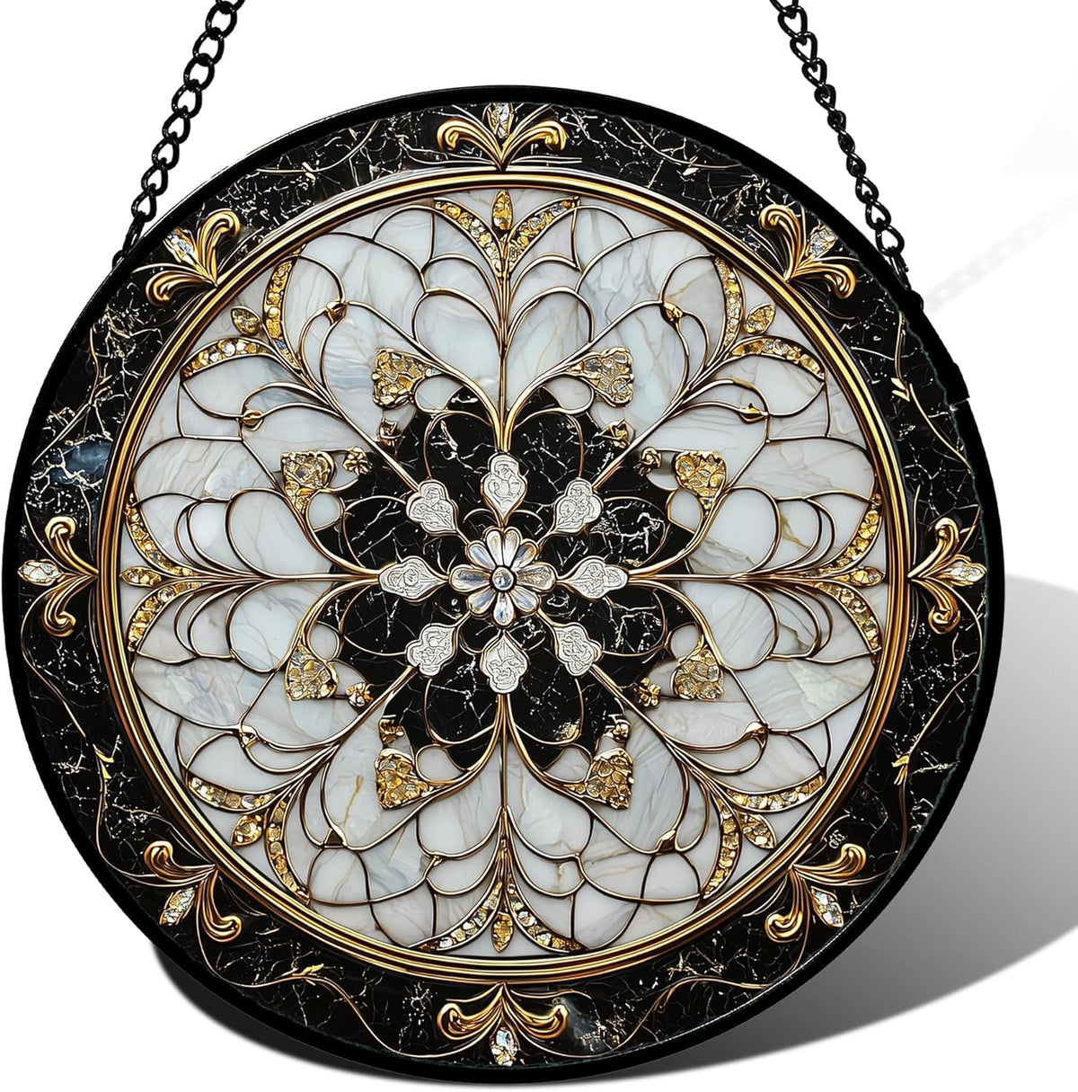 Stained Glass Window Hanging, Black and White Gold Boho Pattern Suncatcher for Doors Window Home