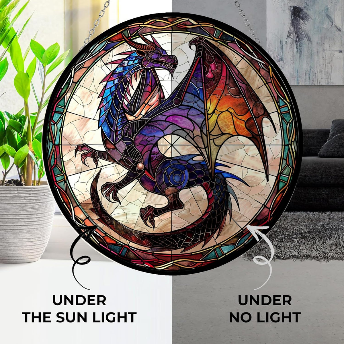 Dragon Stained Glass Window Hanging Suncatcher 12" Glass Panel with Metal Chain Sun Catchers Wall