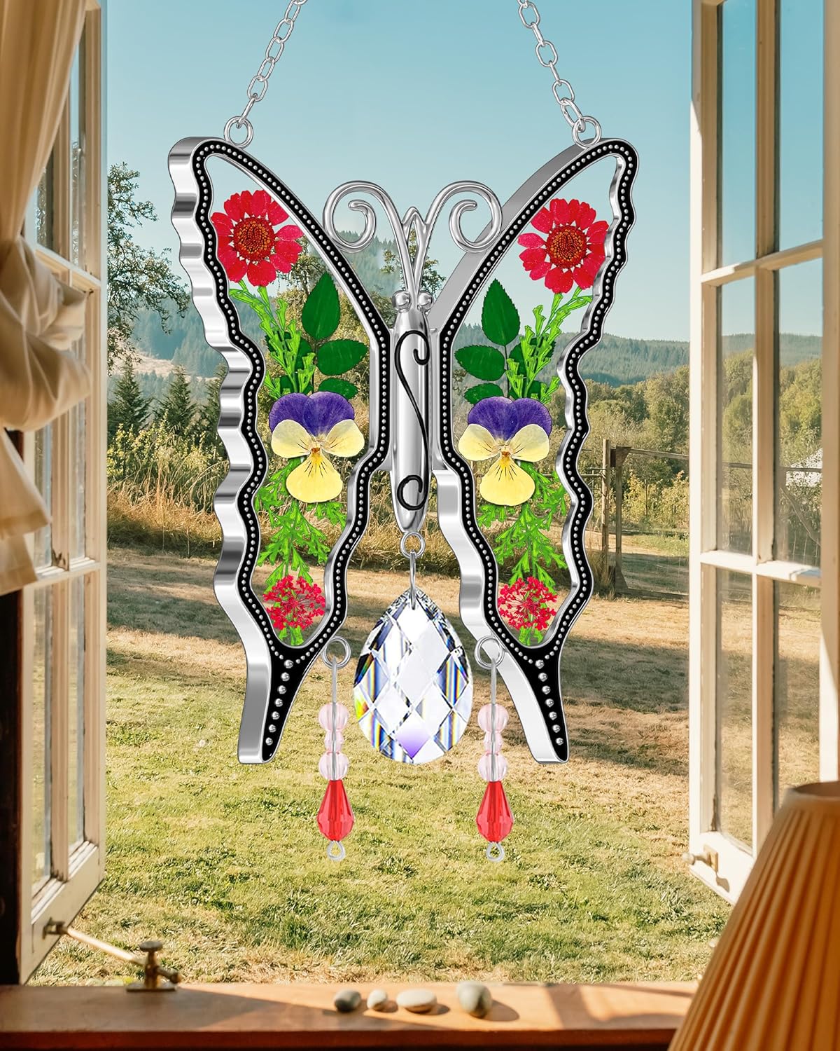 KY&BOSAM Crystal Butterfly Suncatchers for Windows Hanings Stained Glass Wind Chimes with Metal