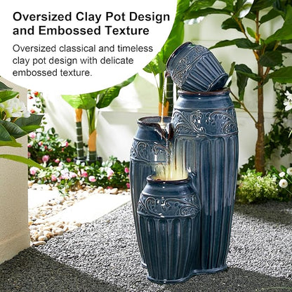 Glitzhome 35.5" H Oversized Outdoor Water Fountain with LED Lights and Pump, 4 Tier Turquoise