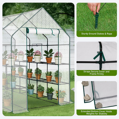 Outvita Walk-in Greenhouse, Outdoor Durable PE Plant Green House for Frost Protection with 3 Tiers