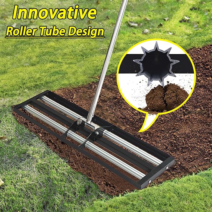 17"x10"Lawn Leveling Rake with Aluminum Rollers, Stainless Steel Yard Lawn Leveler Tool with