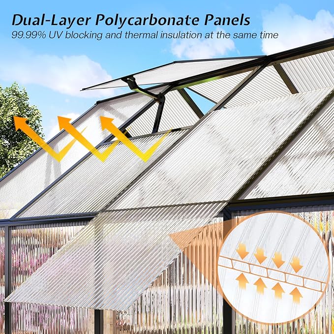 Jocisland 6x8x6.3 FT Polycarbonate Greenhouse for Outdoors with 2 Windows, Dual Swing Doors