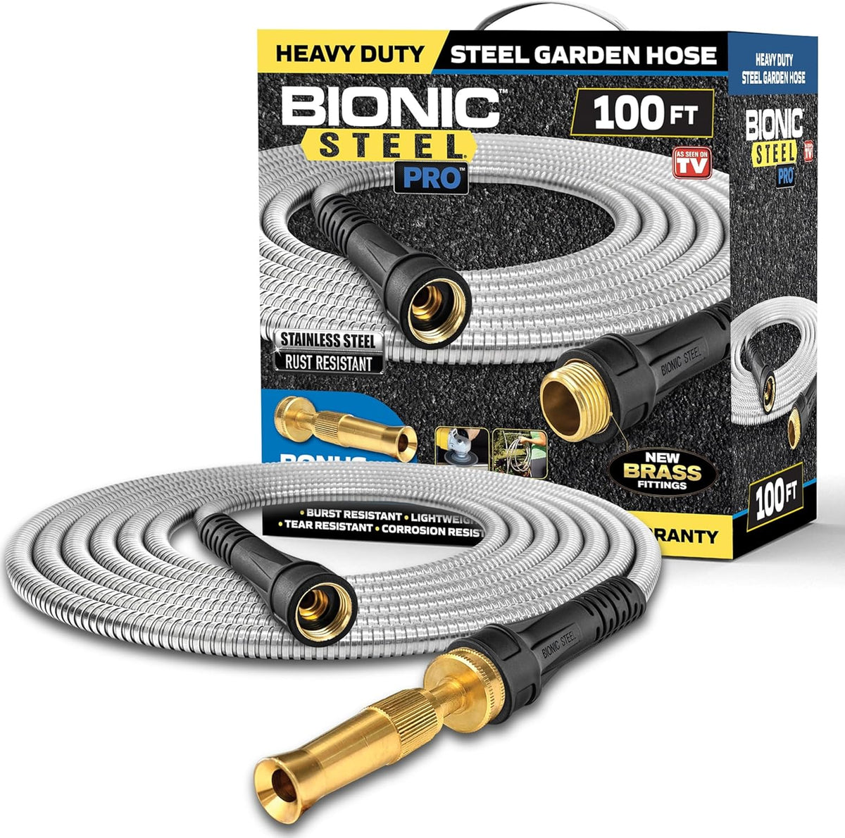Bionic Steel PRO 100 Ft Garden Hose with Nozzle, Premium 304 Stainless Steel Metal Water Hose 100Ft