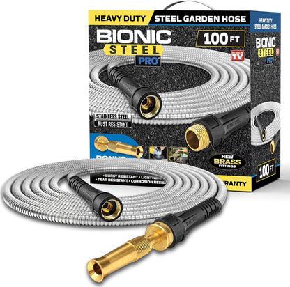 Bionic Steel PRO 100 Ft Garden Hose with Nozzle, Premium 304 Stainless Steel Metal Water Hose 100Ft
