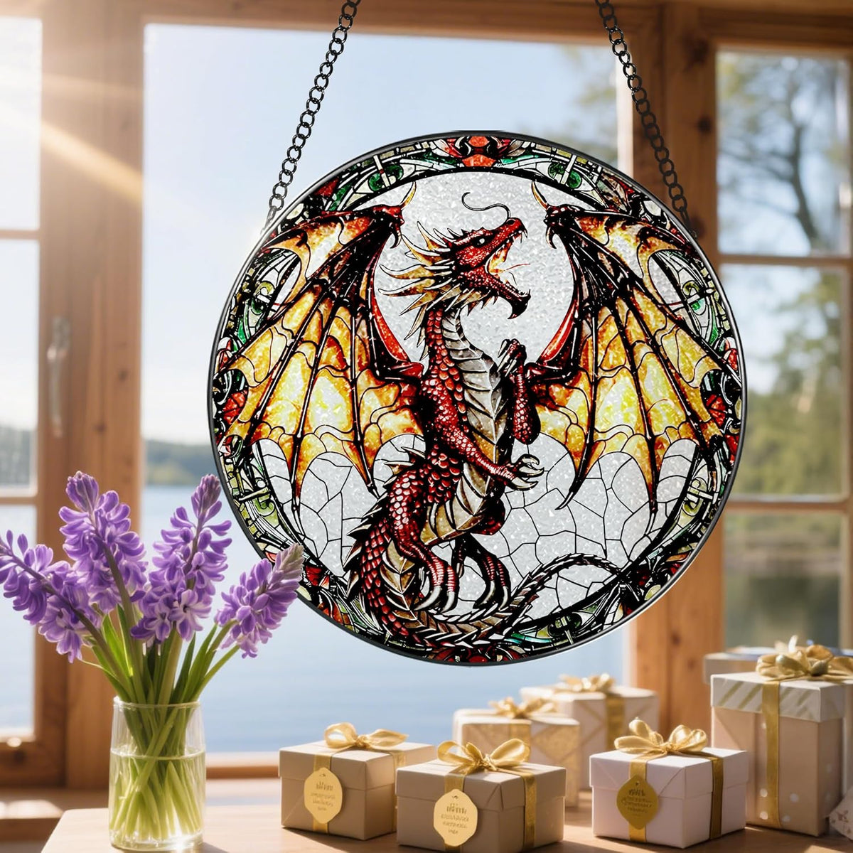 Stained Glass Window Hanging, 8 Inch Dragon Suncatcher Stained Glass, Suncatchers for Windows
