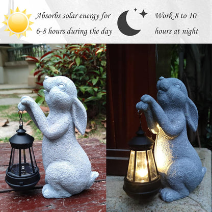 Rabbit Solar Garden Statues,Resin Rabbit Figurine Decorations with Solar Lights Lantern, Outdoor