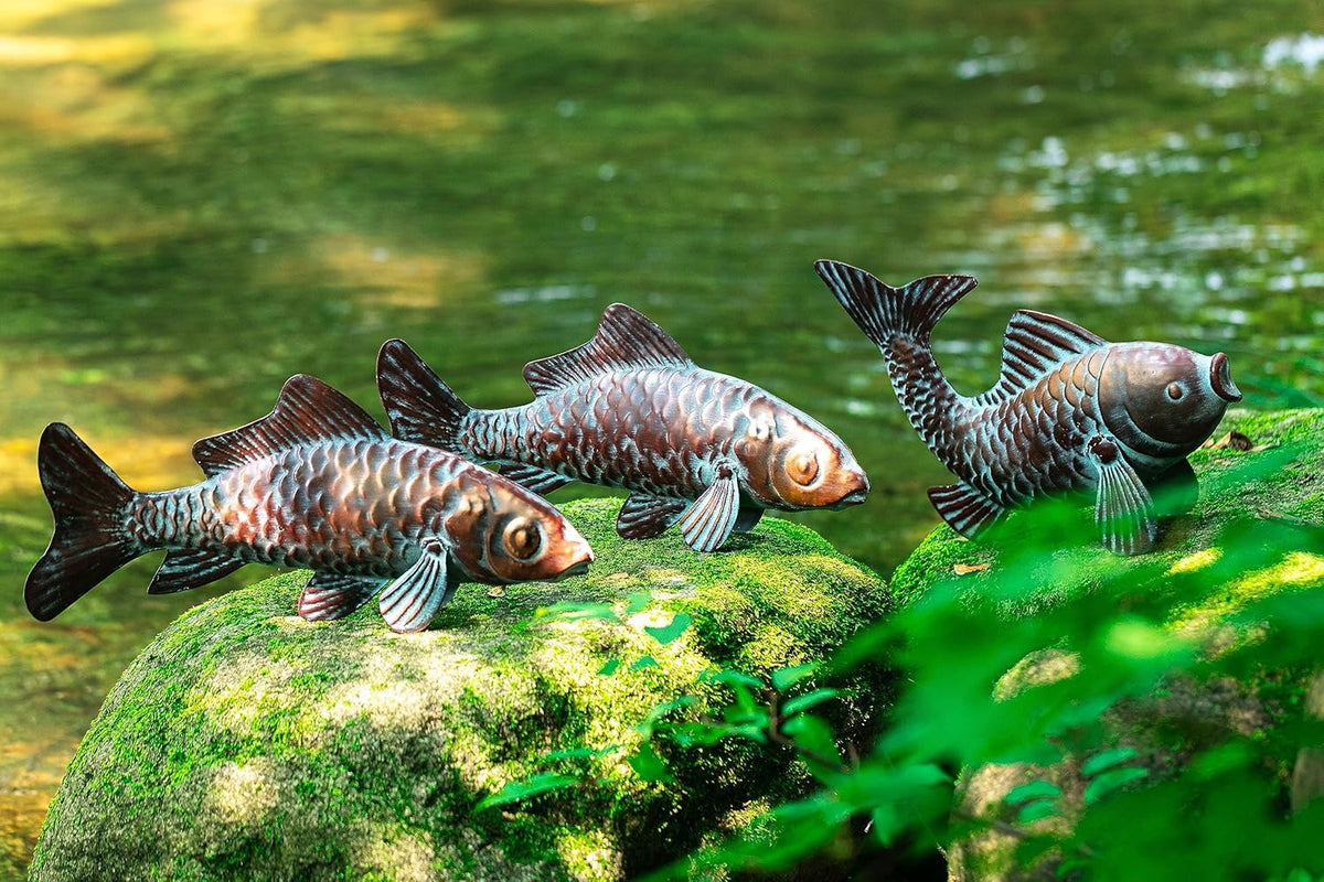 Set of 3 Outdoor Garden Koi Fish Sculptures & Statues Antique Copper Fish Yard Décor, Metal Koi