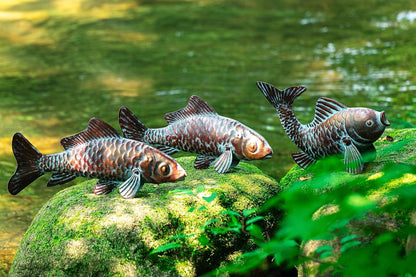 Set of 3 Outdoor Garden Koi Fish Sculptures & Statues Antique Copper Fish Yard Décor, Metal Koi