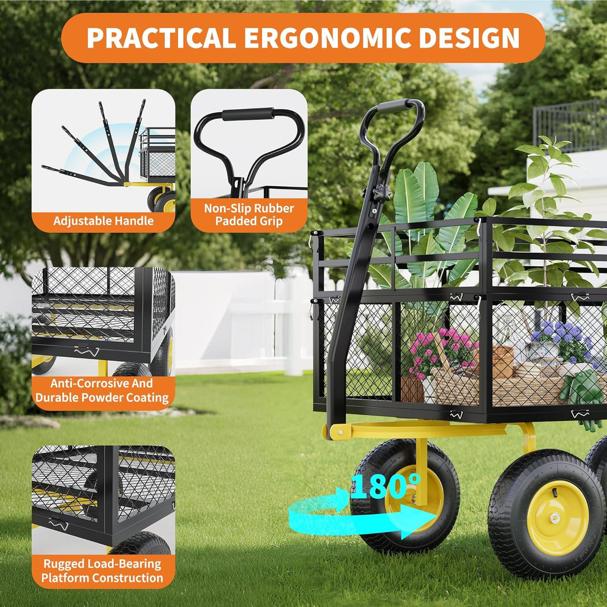Metal Wagon - 1400lbs Garden Cart with 10" Multi-Terrain Tires, 4 Removable Mesh Sides & 180°