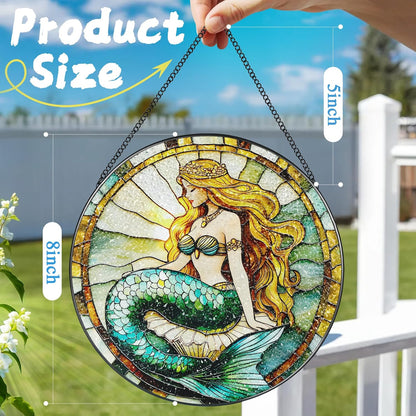 Stained Glass Window Hanging, 8 Inch Mermaid Suncatcher Stained Glass Ornament, Suncatchers for