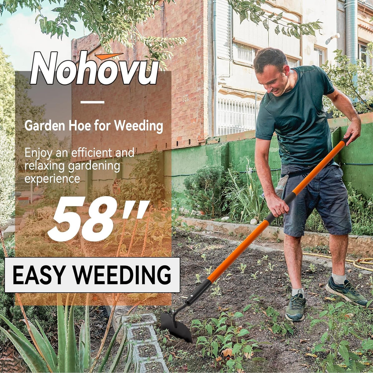 Garden Hoe Tool, 58 Inches Hoe Garden Tool with Fiberglass Long Handle, Heavy Duty Garden Hoe for