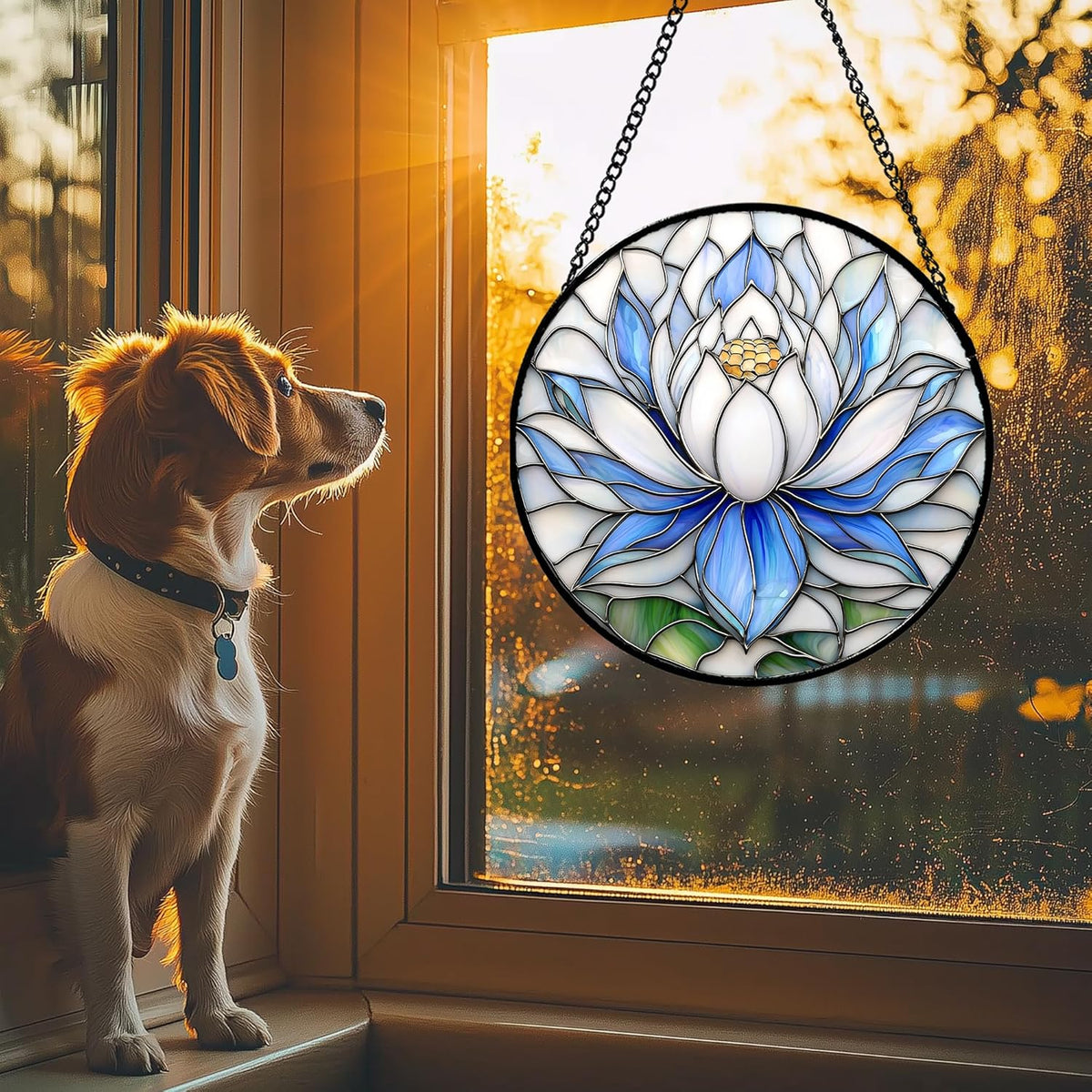 Stained Glass Window Hanging - Blue and White Lotus Petal Suncatcher for Doors Window Home Sun