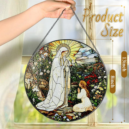 8 Inch Lady of Lourdes Stained Glass Suncatcher, Stained Glass Window Hanging, Virgin Mary