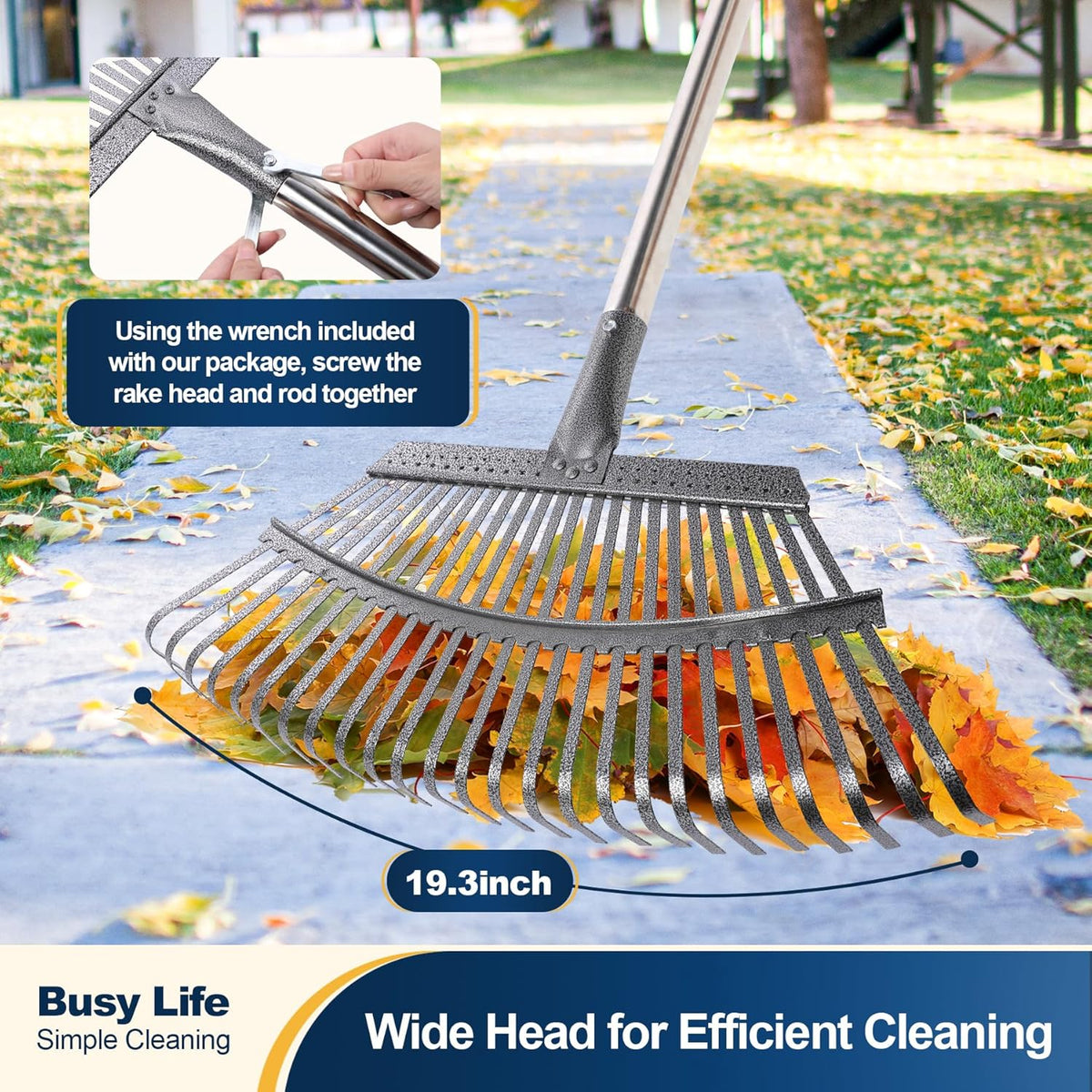 Yocada 19.3" Garden Leaf Rake Wide Heavy Duty Adjustable Long Handle Garden Rake for Yard Garden