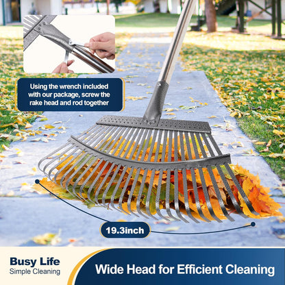 Yocada 19.3" Garden Leaf Rake Wide Heavy Duty Adjustable Long Handle Garden Rake for Yard Garden