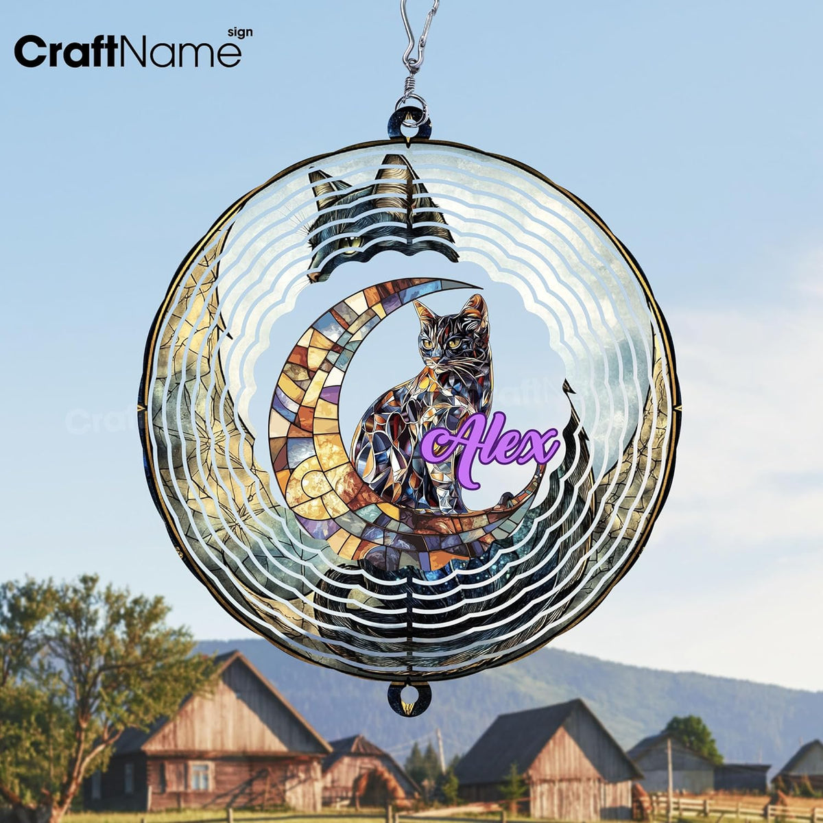 Personalized Cat & Moon Wind Spinner 3D Stainless Steel, Cat Garden Spinner Hanging Outdoor Decor