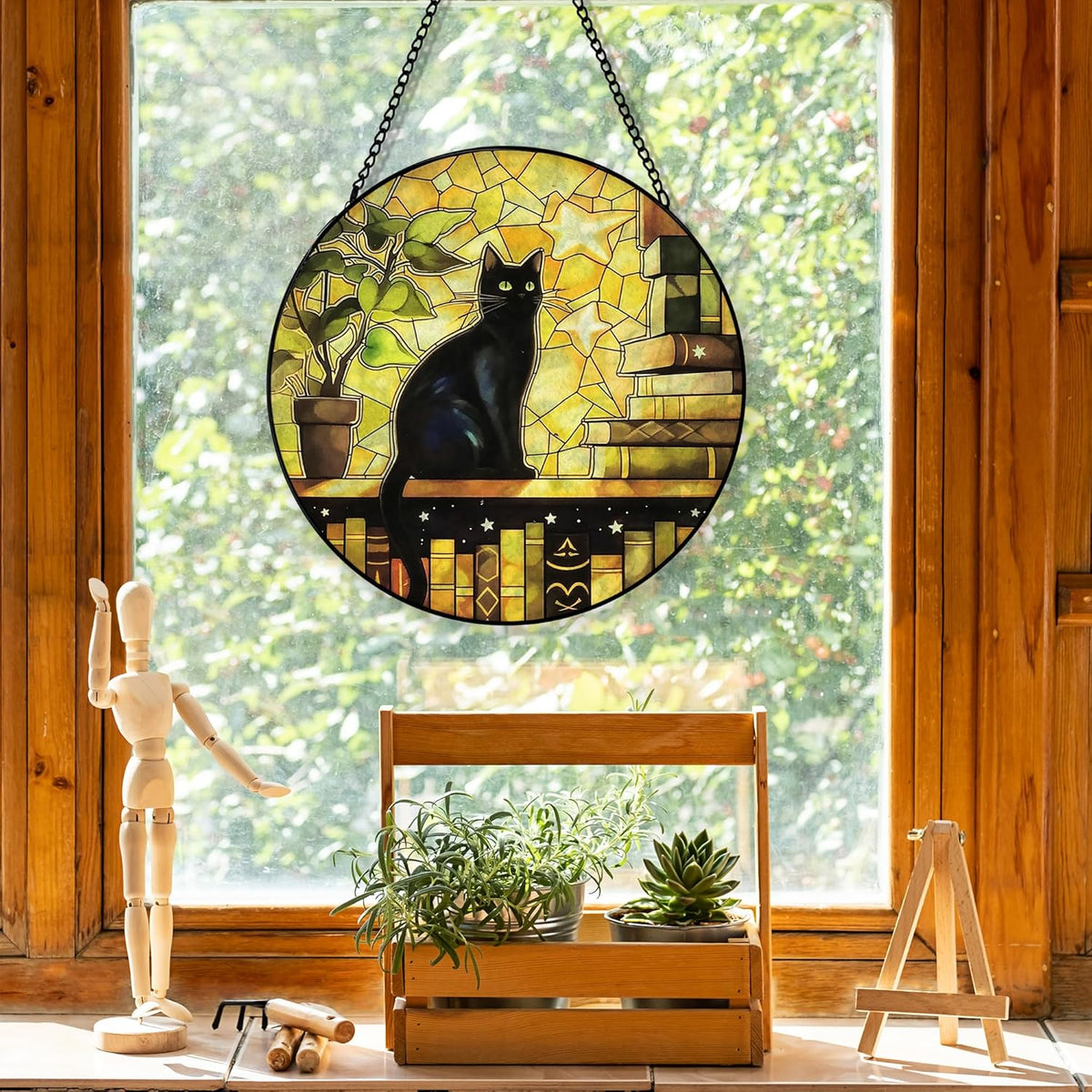 Black Cat Suncatcher Stained Glass Window Hanging, Cat Book Lovers Sun Catchers Indoor Window Glass