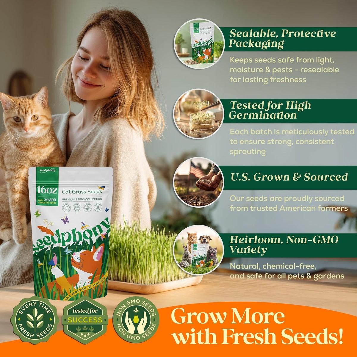Cat Grass Seed Mix – 16 oz Pack with 20,500 Non-GMO Heirloom Seeds for Cats, Barley, Oat, Rye &