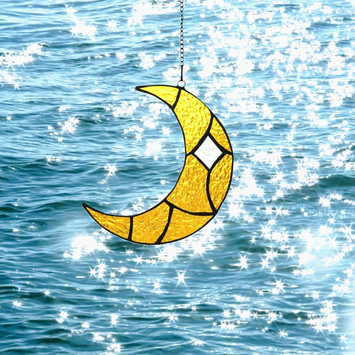 Moon Stained Glass Window Hanging Suncatchers，Handcrafted Art Glass Crescent Moon Decorations