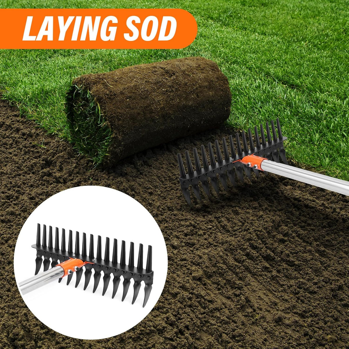 Garden Thatch Rake for Lawn, Heavy Duty Metal Thatching rake with Strong Handle, Wide 15inch Iron