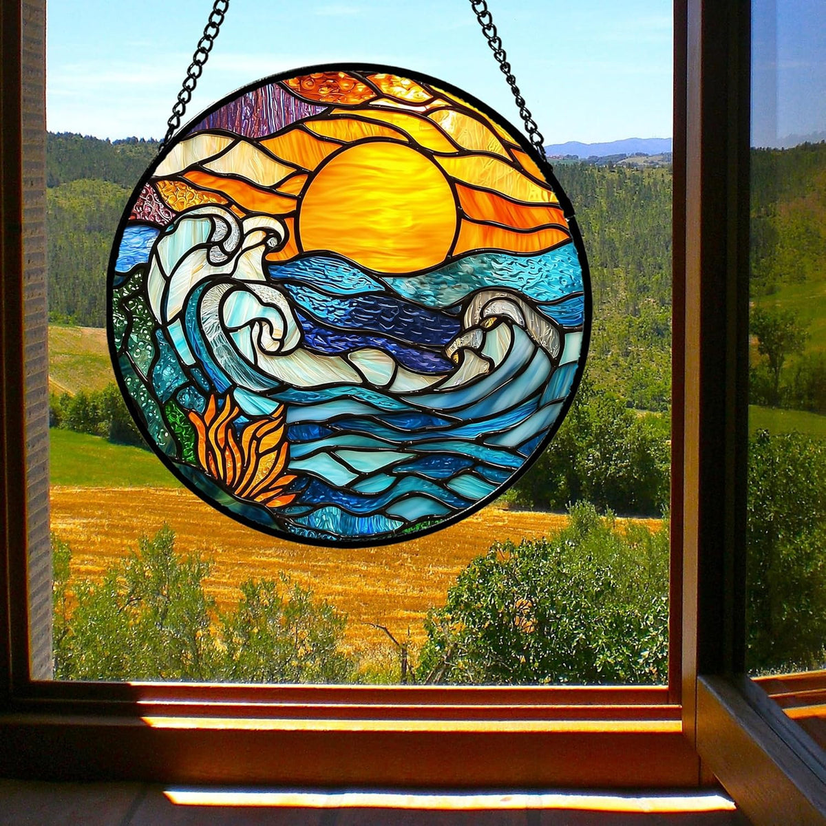 Stained Glass Window Hanging, Orange Sun Blue Sea Waves Landscape Suncatcher for Doors Window Home