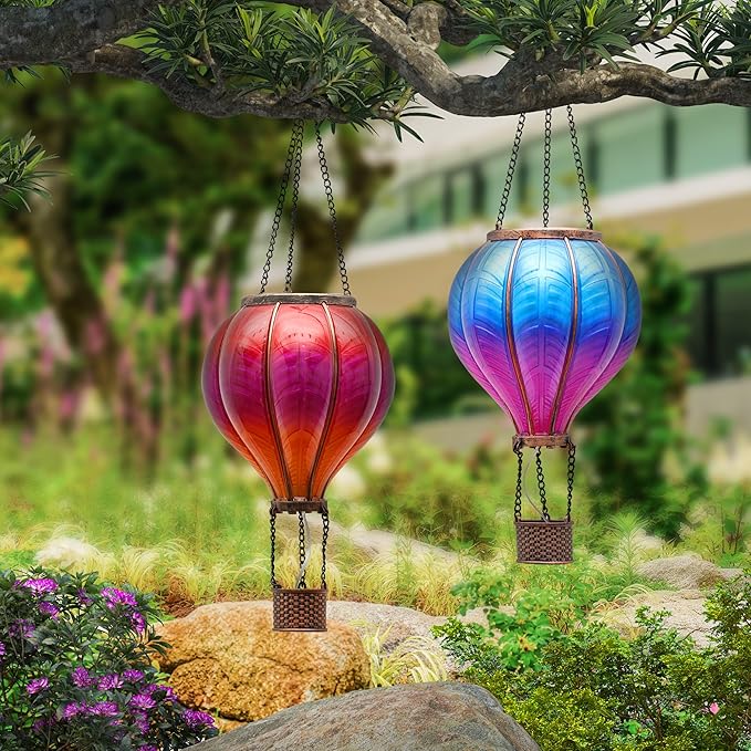 TERESA'S COLLECTIONS 2 Pcs Hot Air Balloon Solar Lantern Outdoor Garden Decor, Waterproof Hanging