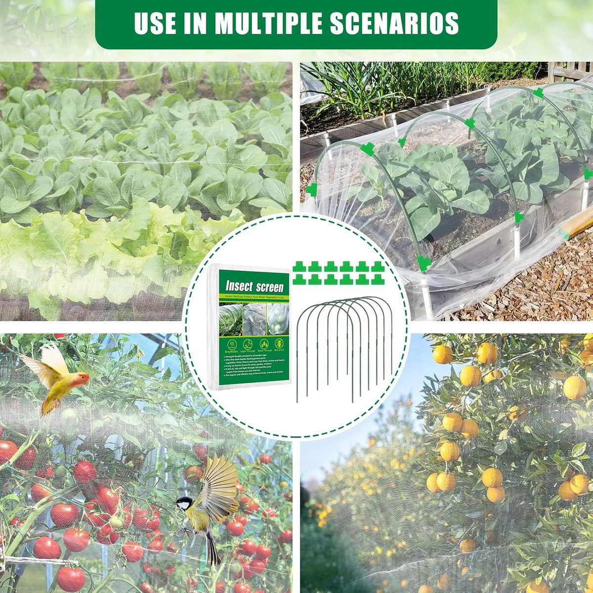 10 X 33 FT Garden Mesh Netting Kit Pest Barrier for Raised Beds, Fruit Tree Netting with 6 Sets