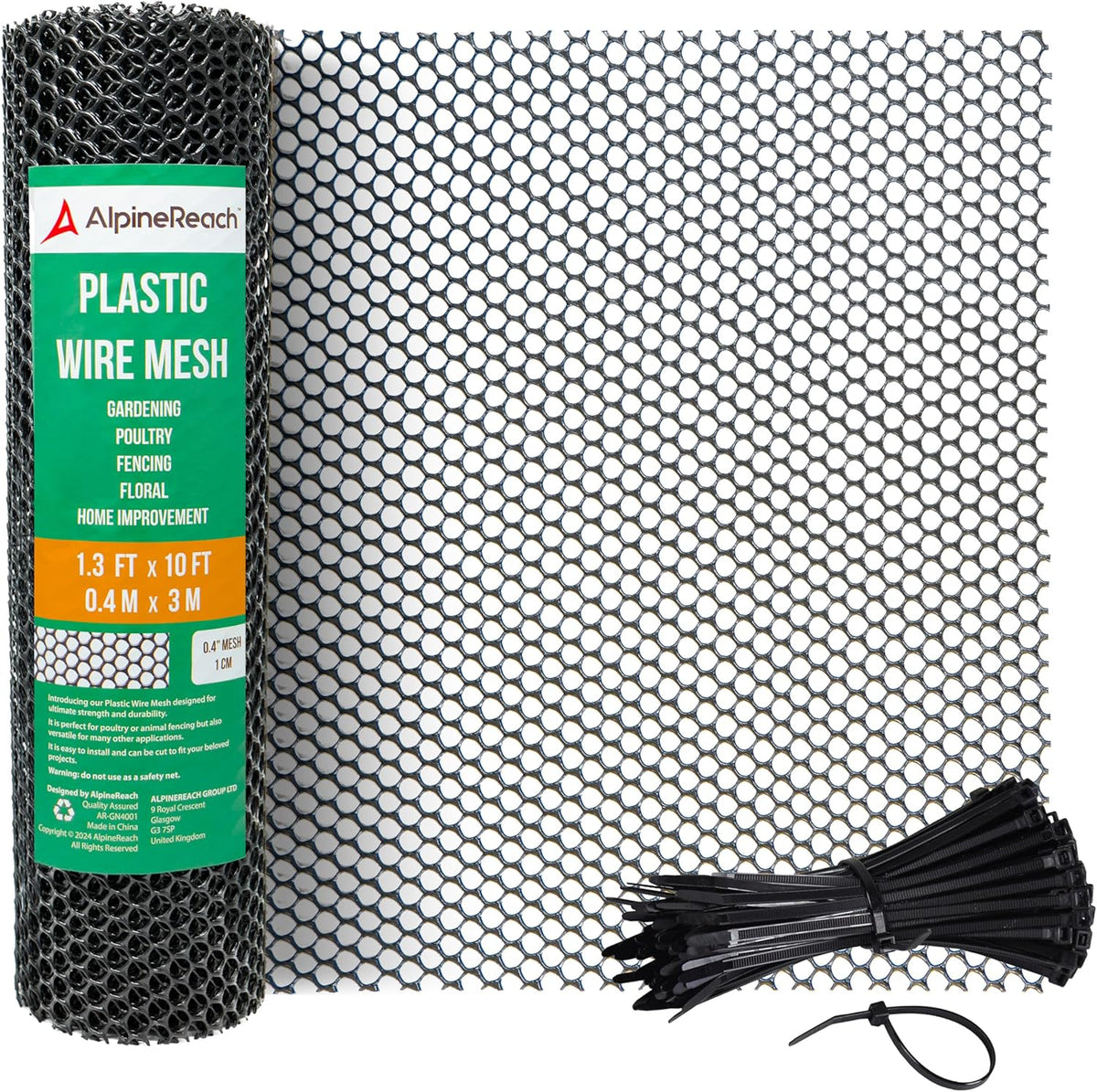 AlpineReach Plastic Wire Mesh 1.3ft x 10ft (15.7" x 120") Fence Roll with Zip Ties - Ideal for