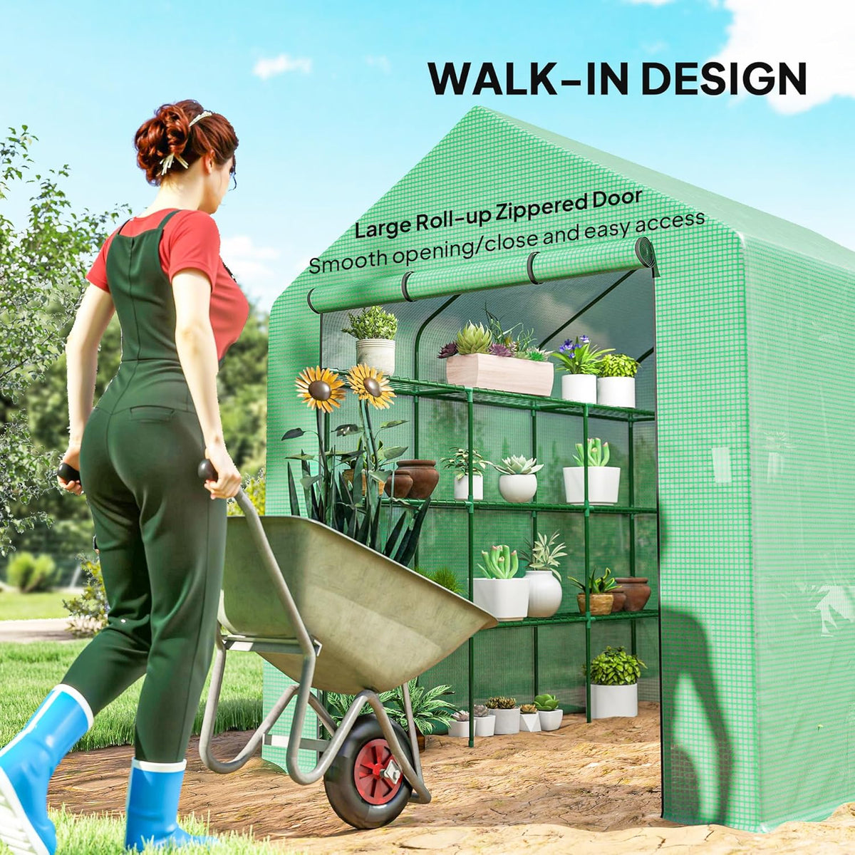 Outsunny 8' x 6' x 7' Walk-in Greenhouse, PE Cover, 4-Tier Shelves, Steel Frame Hot House, Roll-Up