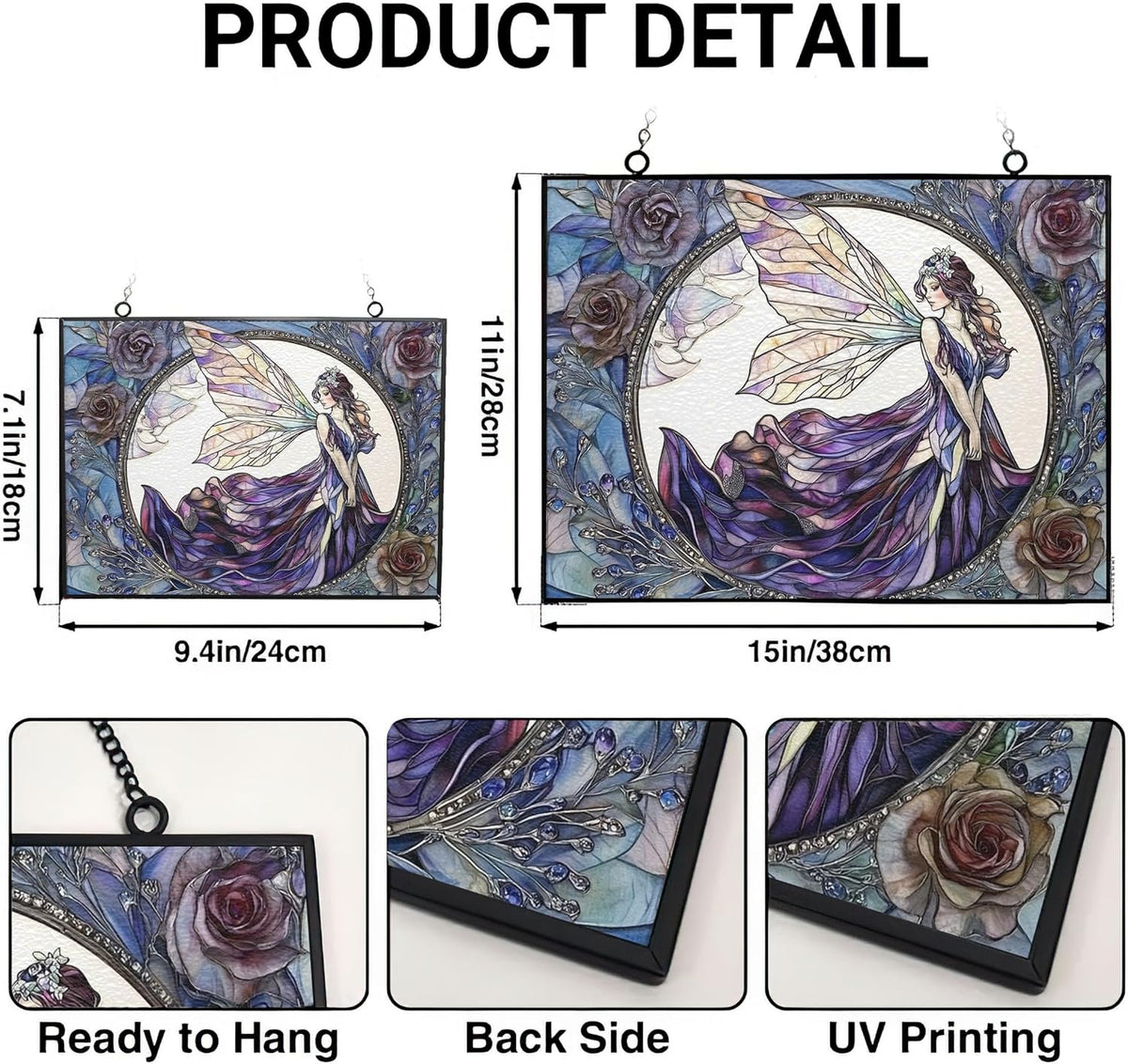 Customized Rectangle Fairy Stained Glass Suncatcher Window Hanging, Gothic Christmas Ornaments for
