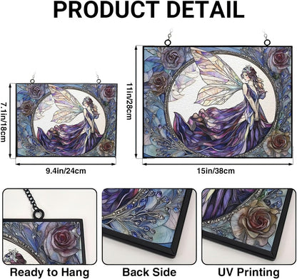 Customized Rectangle Fairy Stained Glass Suncatcher Window Hanging, Gothic Christmas Ornaments for