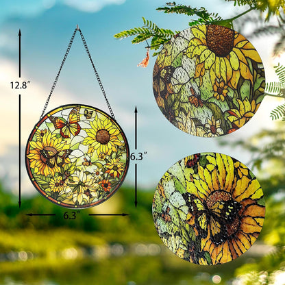 Sunflower Hanging Stained Glass for Windows,Hand-Painted Sun Catcher Garden Hangings，6.3 inch