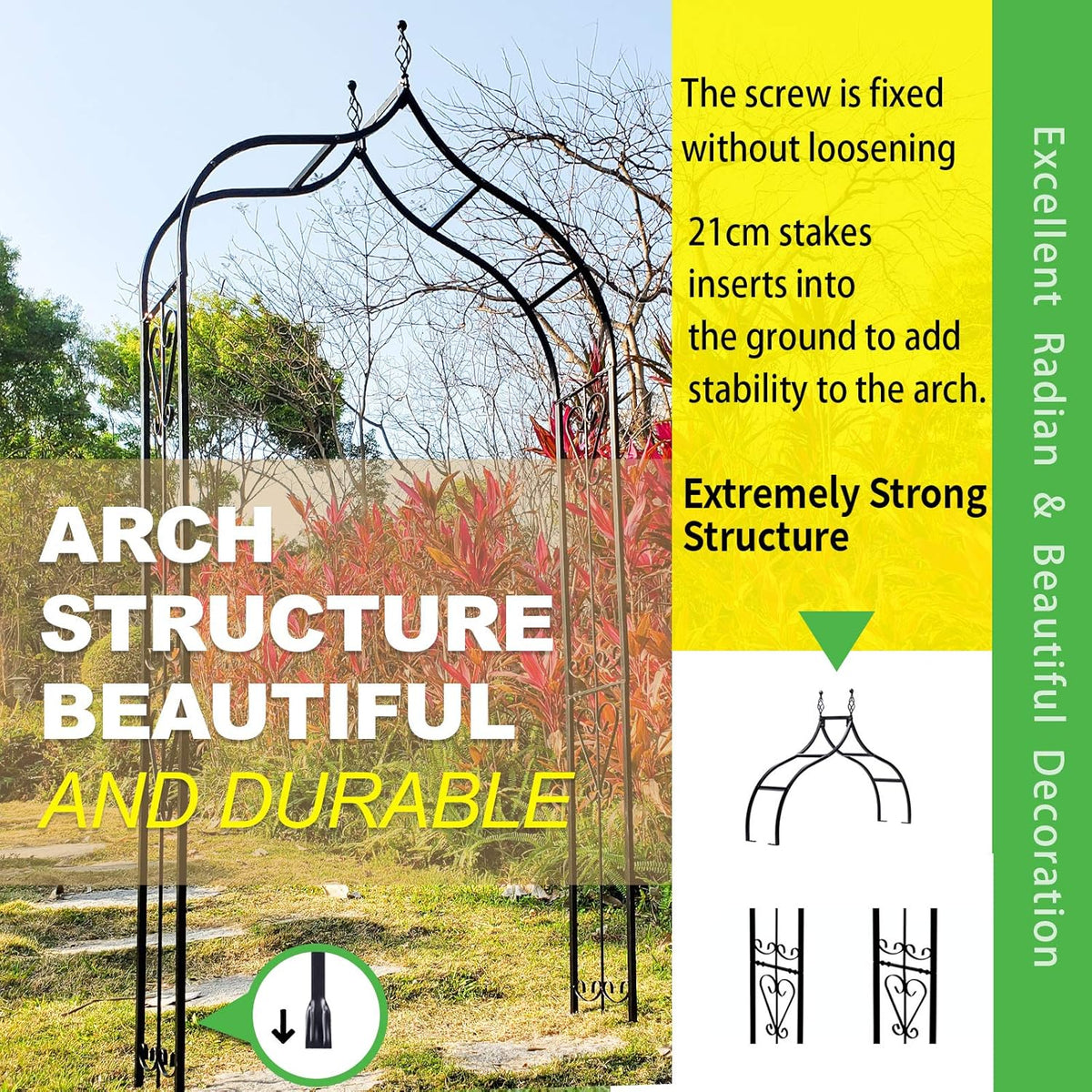 Garden Arch Trellis 14.2" L x 46.5" W x 98.4" H, Black Iron Arbor, Courtyard Arbor Trellis for