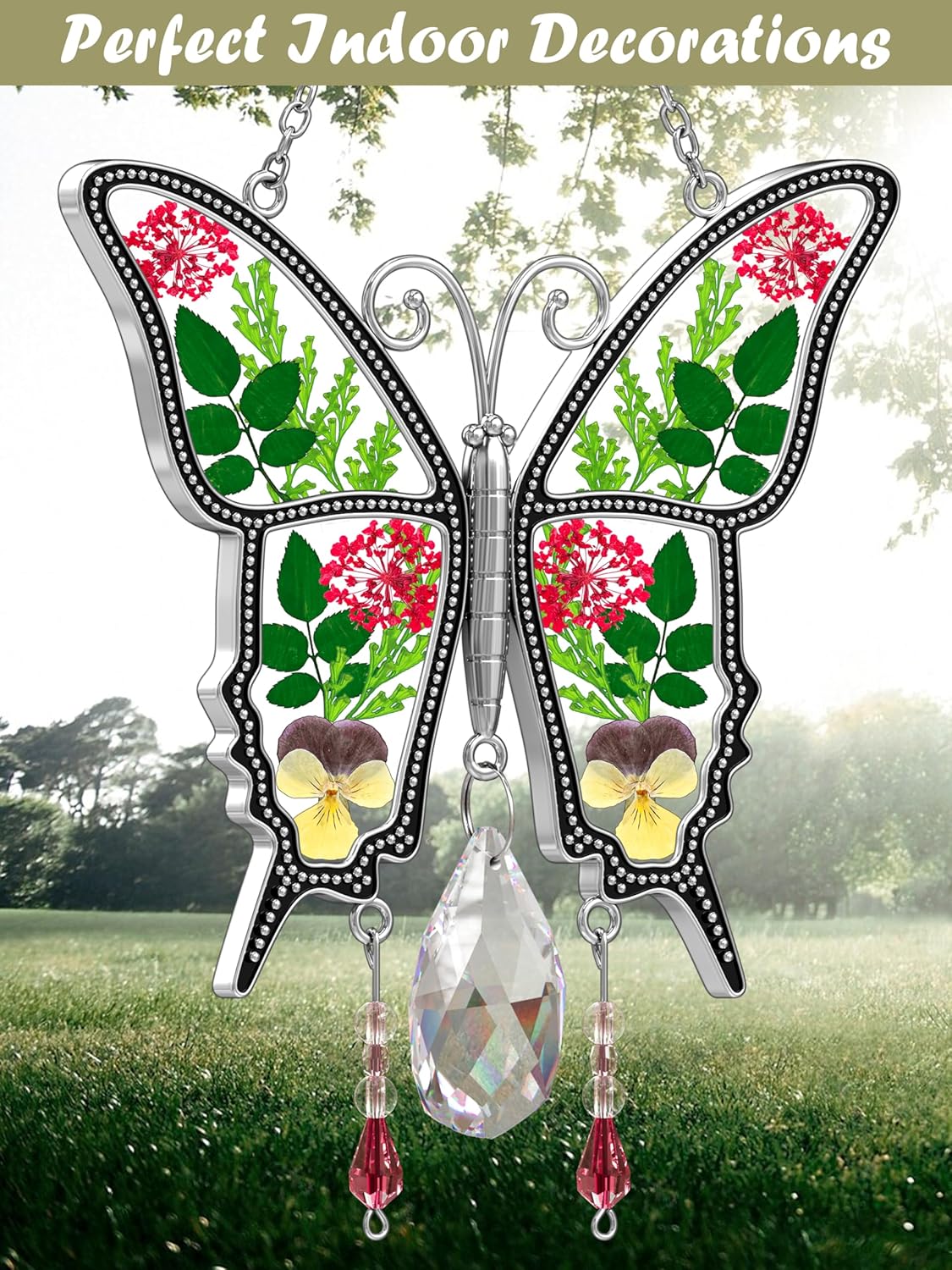 KY&BOSAM Butterfly Suncatcher for Windows Stained Glass Crystal Wind Chimes with Metal Charms