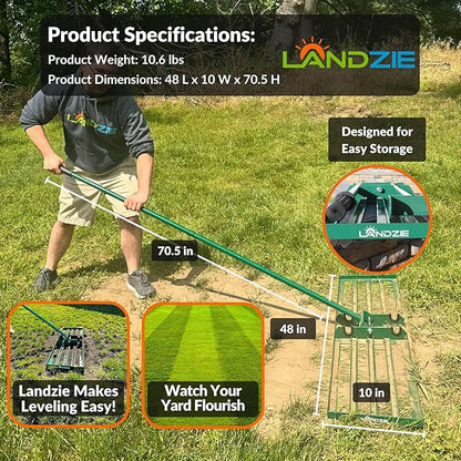 LANDZIE - The Original Lawn Leveling Rake – 48" Steel Handle Yard Leveler, Lawn Level Tool for