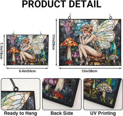Customized Rectangle Boho Fairy On Mushroom Stained Glass Window Hanging, Stained Glass Suncatcher