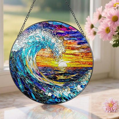 Stained Glass Window Hanging, Pauyadu 8 Inch Sea Waves Stained Glass Suncatcher, Sunset on The