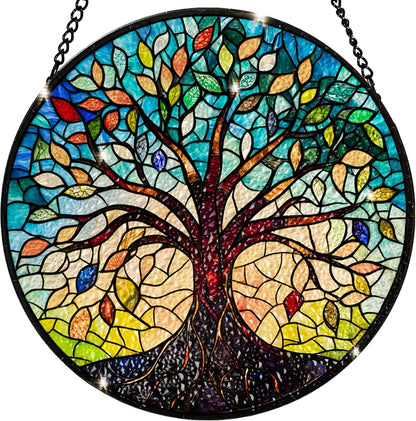 Tree of Life Stained Glass Sun Catcher - Handcrafted 7.87 Inch, Blue Sun Catcher Decoration