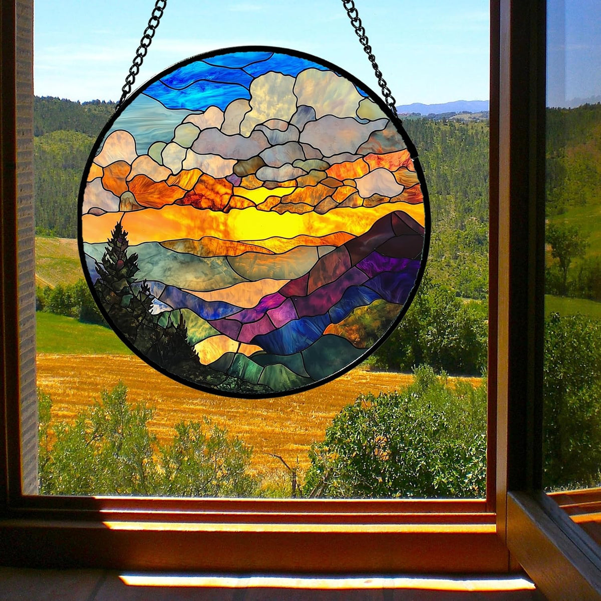 Stained Glass Window Hanging, Abstract Clouds Mountains Landscape Suncatcher for Doors Window Home