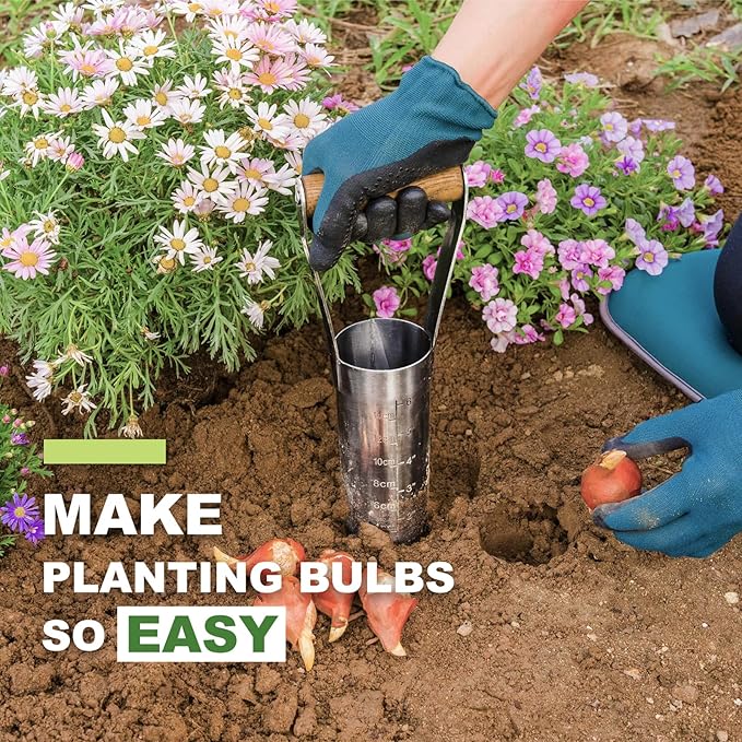 Haliaeetus Bulb Planter Tool, 6 inches Depth Mark Hand Bulb Planter, Non-Bending Stainless Steel