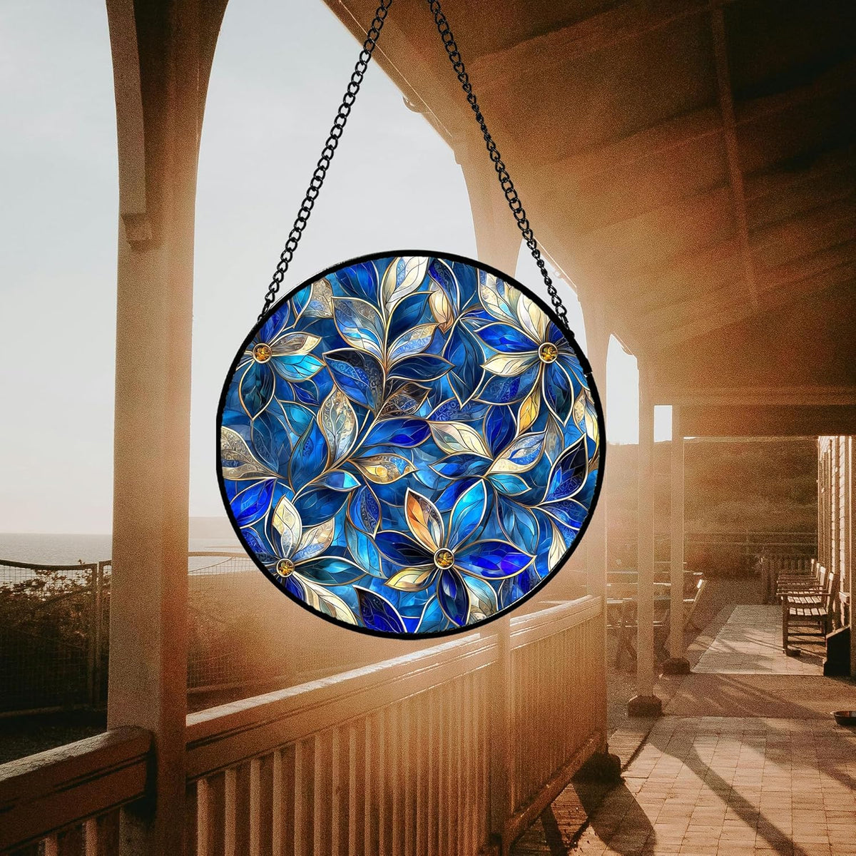 Stained Glass Window Hanging - Blue Gold Abstract Flowers Suncatcher for Door Terrace Garden Home