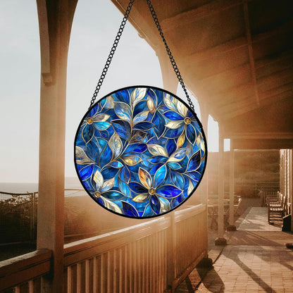 Stained Glass Window Hanging - Blue Gold Abstract Flowers Suncatcher for Door Terrace Garden Home