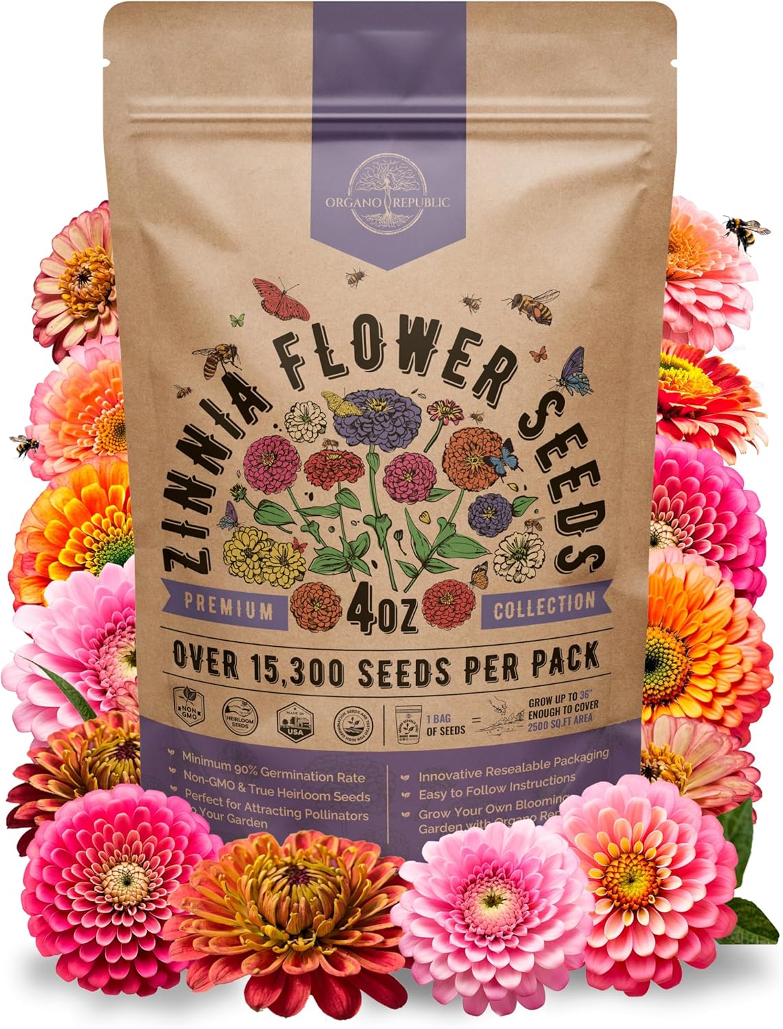 Zinnia Seeds Pack 4 oz - Over 15,300 Non-GMO Heirloom Zinnia Seeds for Planting, Annual Flowers in
