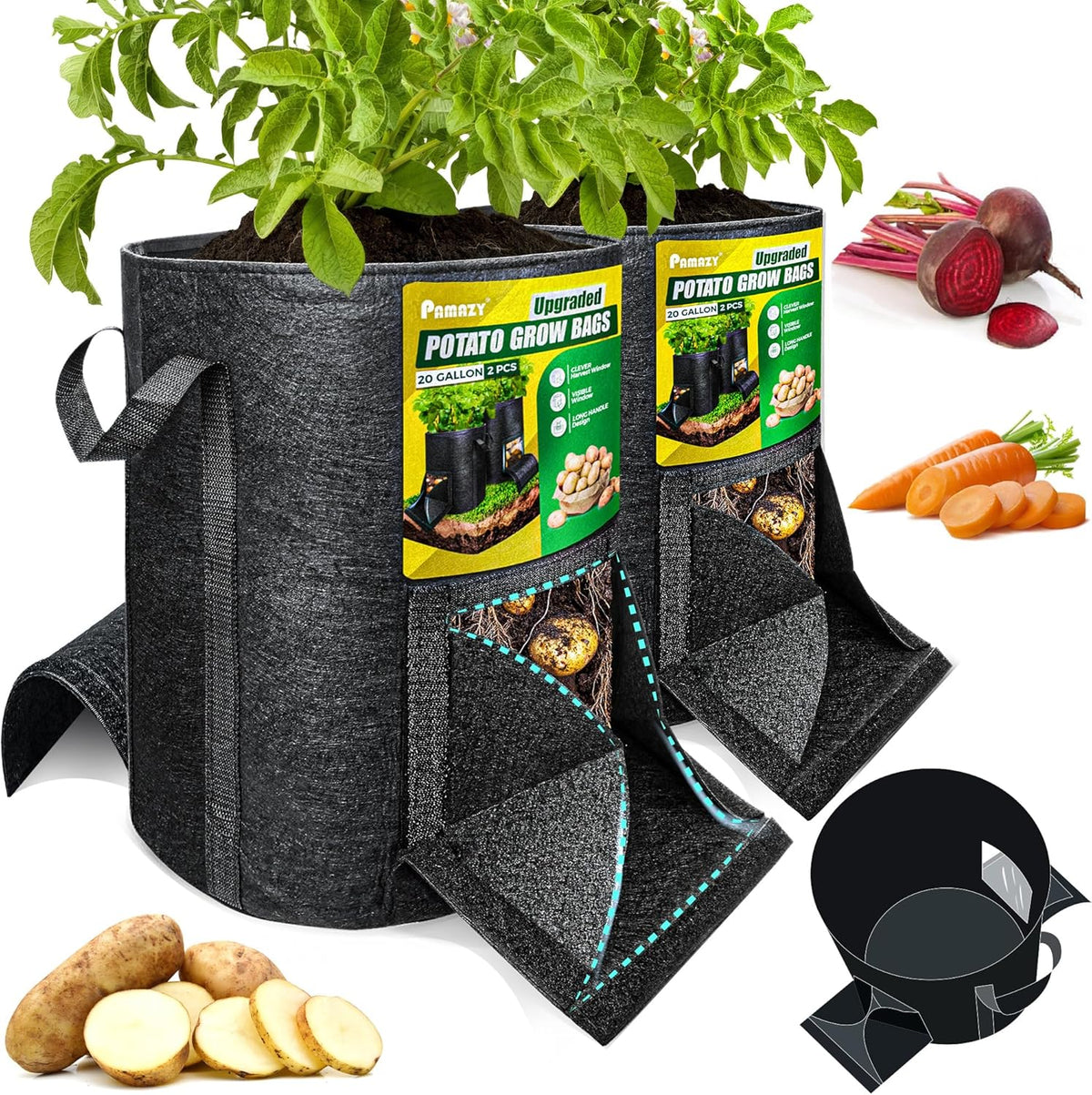 [Upgraded] 2PCS 20-Gallon Potato Grow Bags with Unique Harvest Window, Visible Window, Garden