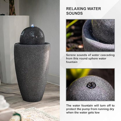 XBrand 25.98" H Round Stone Indoor/Outdoor Modern Stone Textured Sphere Water Fountain w/LED