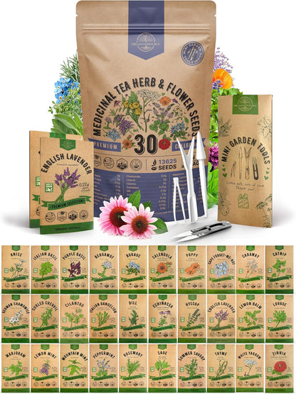 Organo Republic 30 Medicinal Tea Herb & Flower Seeds Variety Pack - 13600+ Non-GMO Heirloom Flower