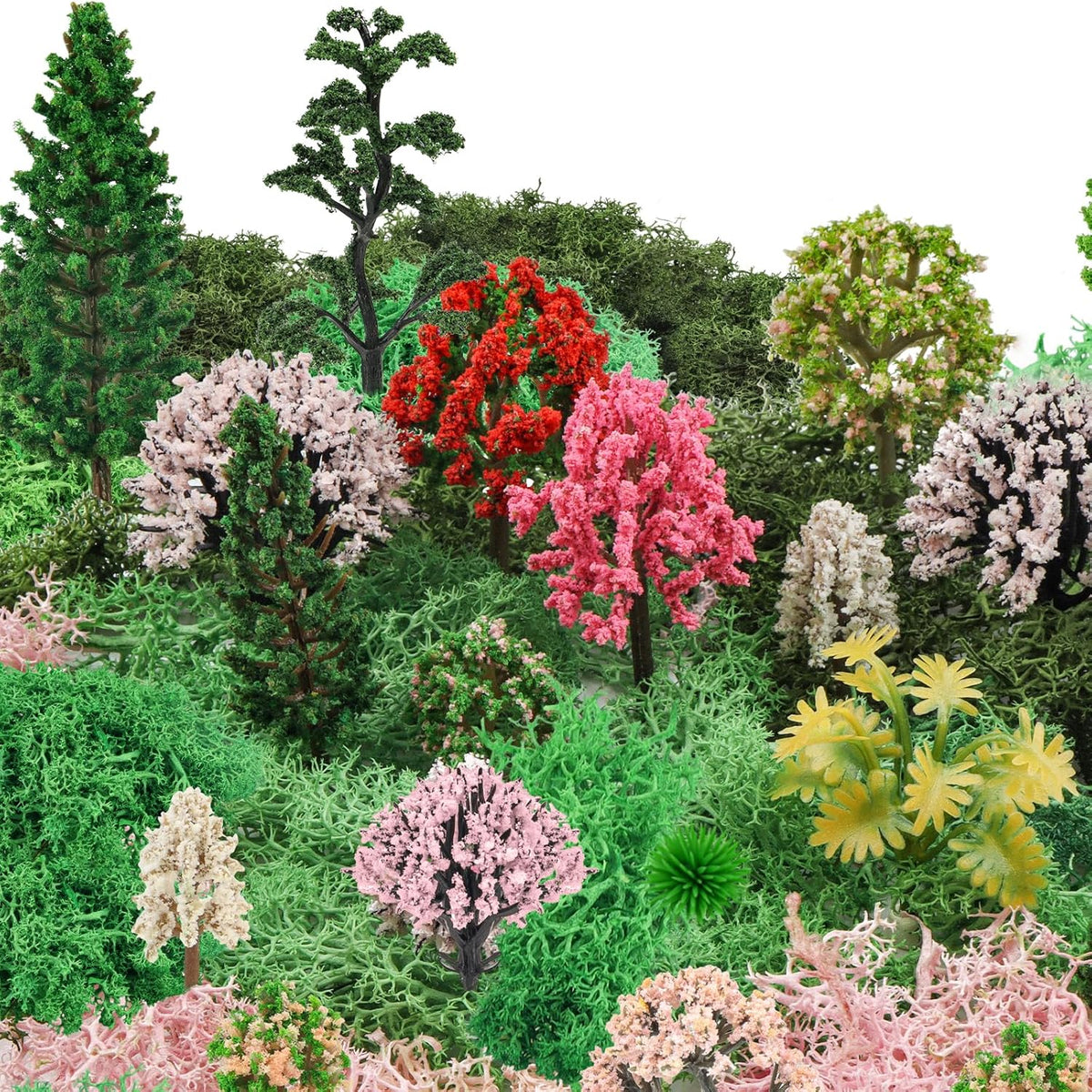 36 Pcs Mixed Model Trees with 40g Moss Pink and Green, Diorama Trees Grass Mini Fake Miniature