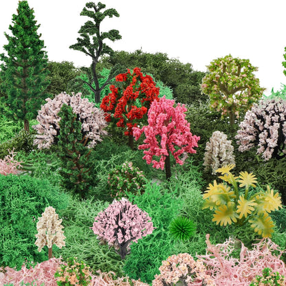36 Pcs Mixed Model Trees with 40g Moss Pink and Green, Diorama Trees Grass Mini Fake Miniature
